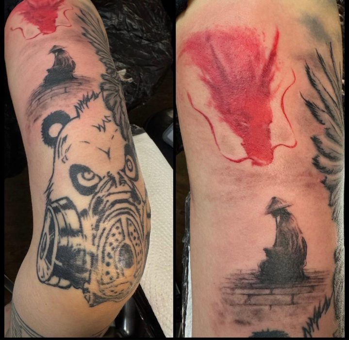 Chinesisches Tattoo mit einem Panda mit Gasmaske im Comicstil, einem denkenden Chinesen im Realismus und einem roten Drachen im Watercolor-Stil